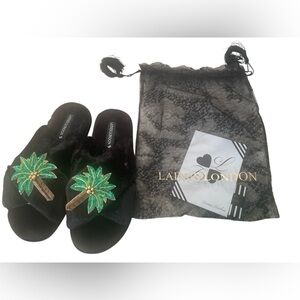 New! Laines London Black Slippers with Green Palm Trees-large (9)